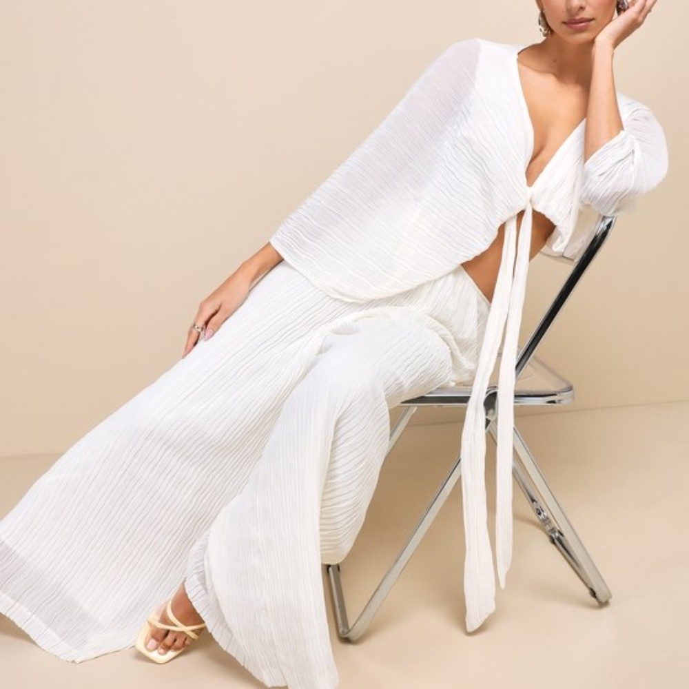 Lulus Pristine Presence Ivory Plisse High-waisted Wide-leg Pants White - Size XS